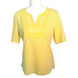 Croft & Barrow Women's Short Sleeve Yellow & White Striped Embroidered Shirt Med